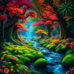 A vibrant magic forest teeming with life and color