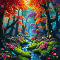 A vibrant magic forest teeming with life and color