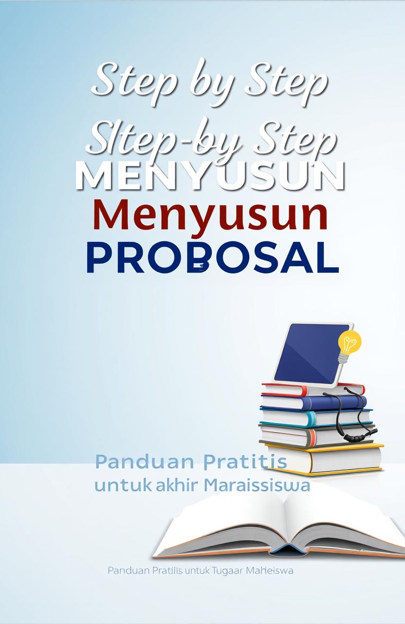 An ebook cover design for 'Step by Step Menyusun Proposal Penelitian', featuring the subtitle 'Panduan Praktis untuk Tugas Akhir Mahasiswa'