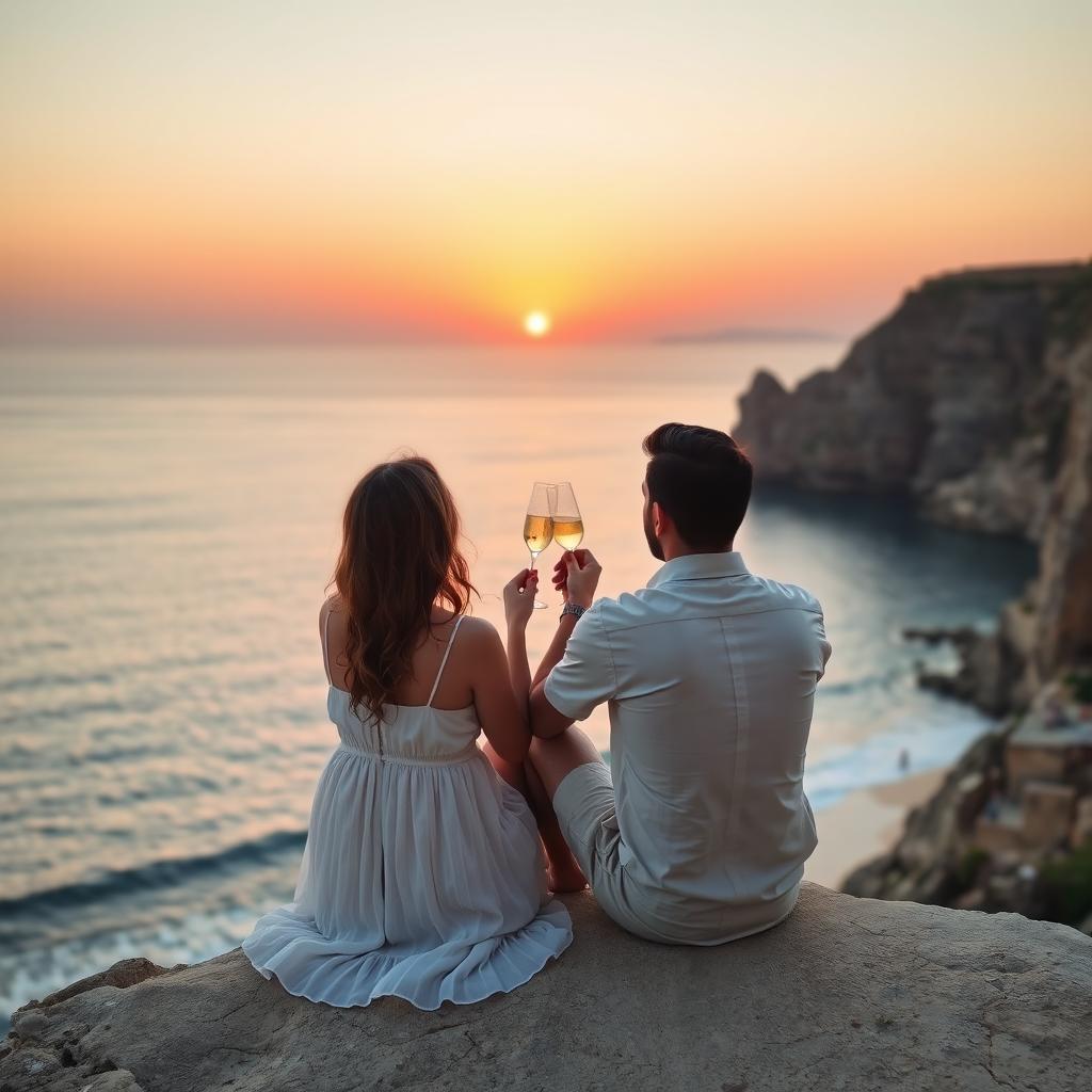 A romantic scene featuring a couple sitting at the edge of Cape Greco during a beautiful sunset over the sea