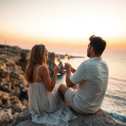 A romantic scene featuring a couple sitting at the edge of Cape Greco during a beautiful sunset over the sea