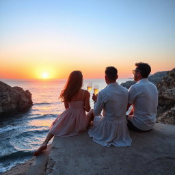 A romantic scene featuring a couple sitting at the edge of Cape Greco during a beautiful sunset over the sea