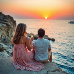 A romantic scene featuring a couple sitting at the edge of Cape Greco during a beautiful sunset over the sea