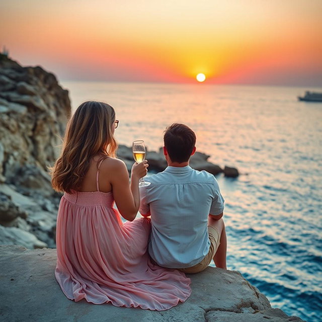 A romantic scene featuring a couple sitting at the edge of Cape Greco during a beautiful sunset over the sea