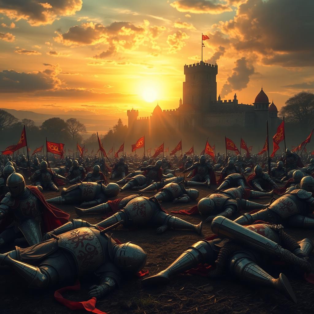 A vast, dramatic battlefield scene featuring fallen knights in ornate armor scattered across the ground