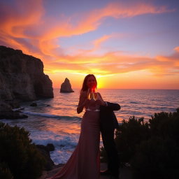 A romantic couple standing at Cape Greco during sunset, overlooking the sea