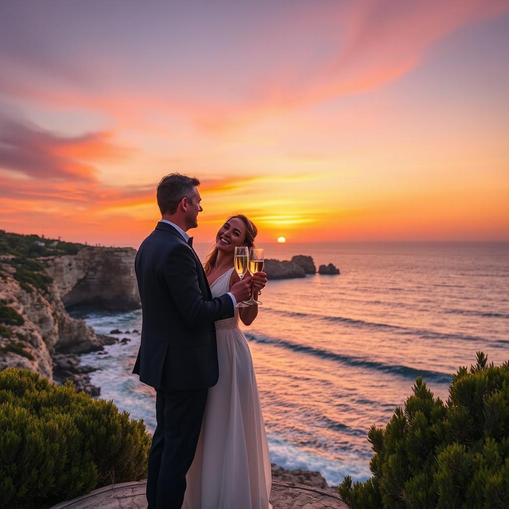 A romantic couple standing at Cape Greco during sunset, overlooking the sea