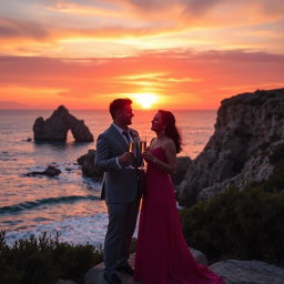 A romantic couple standing at Cape Greco during sunset, overlooking the sea