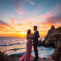 A romantic couple standing at Cape Greco during sunset, overlooking the sea