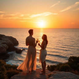 A couple standing at Cape Greco during a breathtaking golden sunset, wearing light and flowing summer dresses