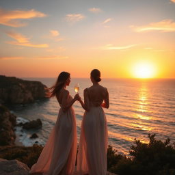 A couple standing at Cape Greco during a breathtaking golden sunset, wearing light and flowing summer dresses