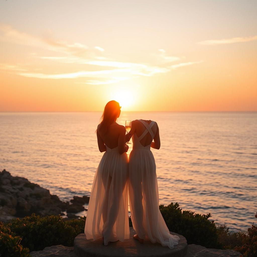A couple standing at Cape Greco during a breathtaking golden sunset, wearing light and flowing summer dresses