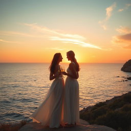 A couple standing at Cape Greco during a breathtaking golden sunset, wearing light and flowing summer dresses