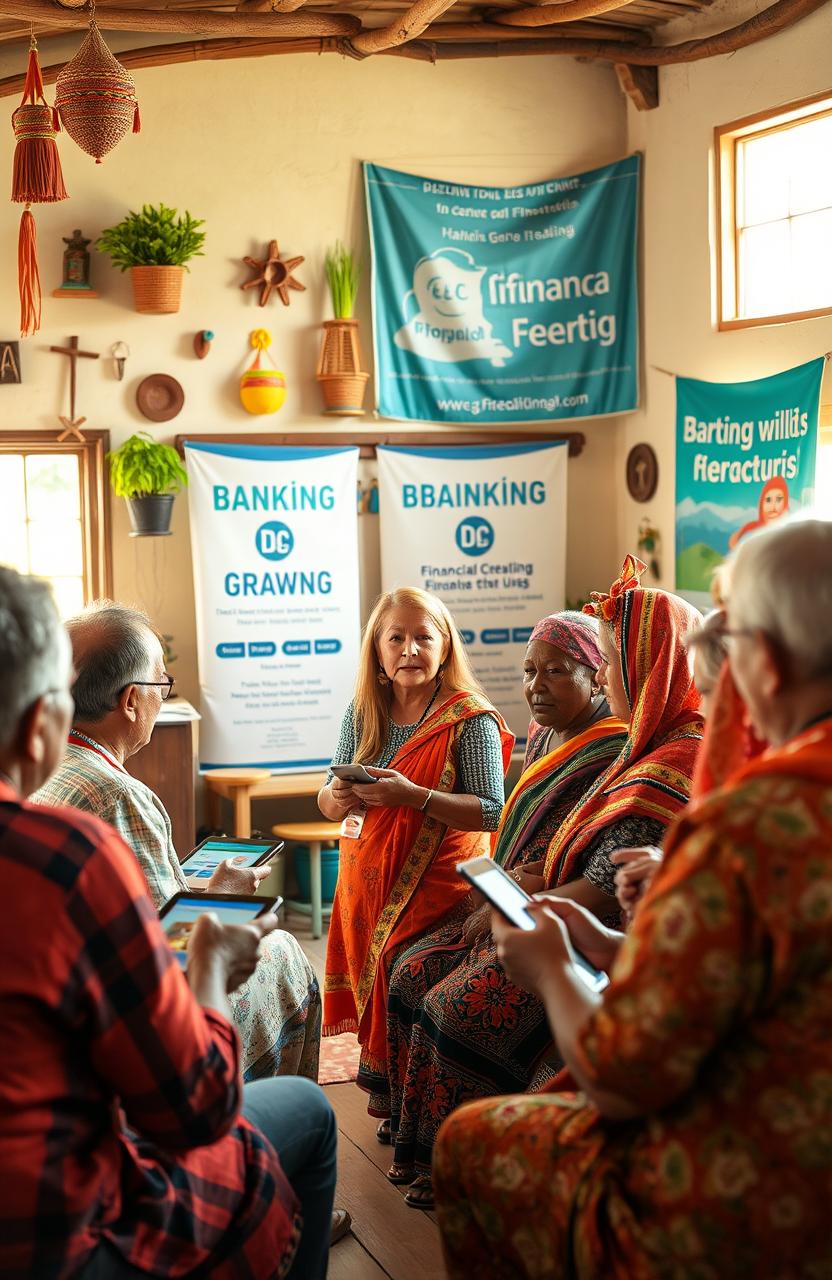 A vibrant scene showcasing a rural community engaged in a workshop on digital financial literacy