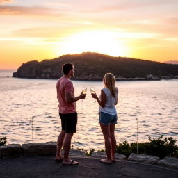 A man and woman standing at Cape Greco during a stunning sunset, wearing casual summer clothes