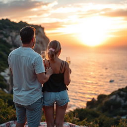 A man and woman standing at Cape Greco during a stunning sunset, wearing casual summer clothes