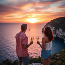 A man and woman standing at Cape Greco during a stunning sunset, wearing casual summer clothes