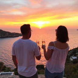 A man and woman standing at Cape Greco during a stunning sunset, wearing casual summer clothes