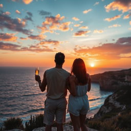 A dark-skinned man and woman standing on the cliffs of Cape Greco during a stunning sunset, dressed in stylish summer clothes
