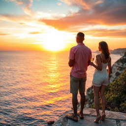 A dark-skinned man and woman standing on the cliffs of Cape Greco during a stunning sunset, dressed in stylish summer clothes