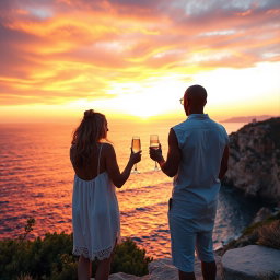A dark-skinned man and woman standing on the cliffs of Cape Greco during a stunning sunset, dressed in stylish summer clothes