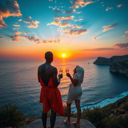 A dark-skinned man and woman standing on the cliffs of Cape Greco during a stunning sunset, dressed in stylish summer clothes