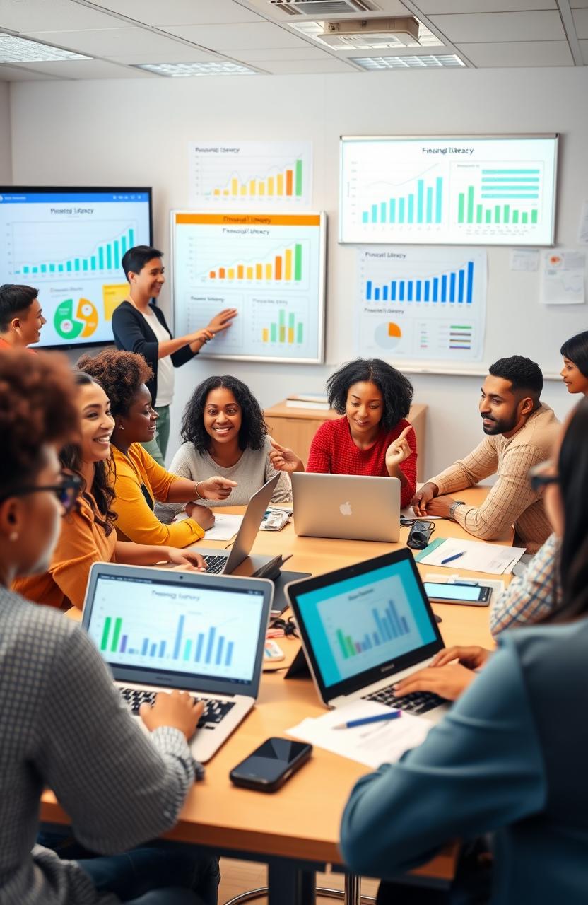 A vibrant and engaging digital classroom scene showcasing a diverse group of adult learners of various ethnicities and genders actively engaging in a financial literacy workshop