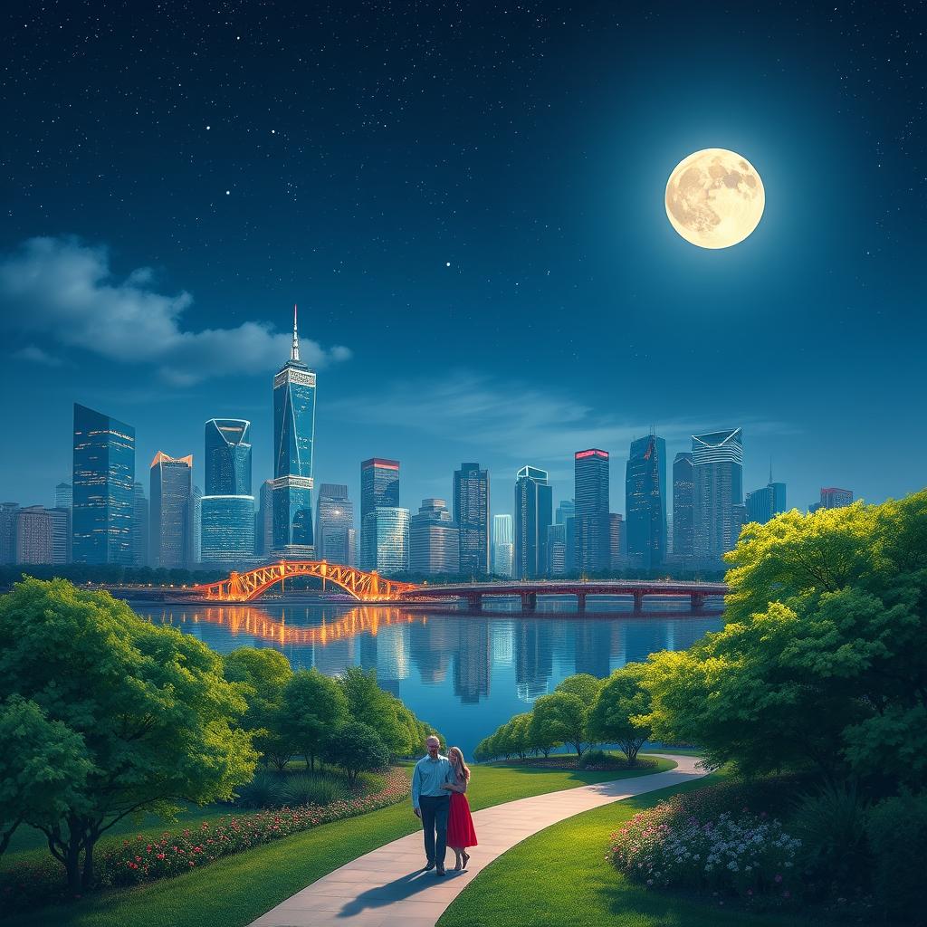 A serene night scene of a modern city skyline under a starry sky, featuring tall skyscrapers illuminated with vibrant lights reflecting on a calm river
