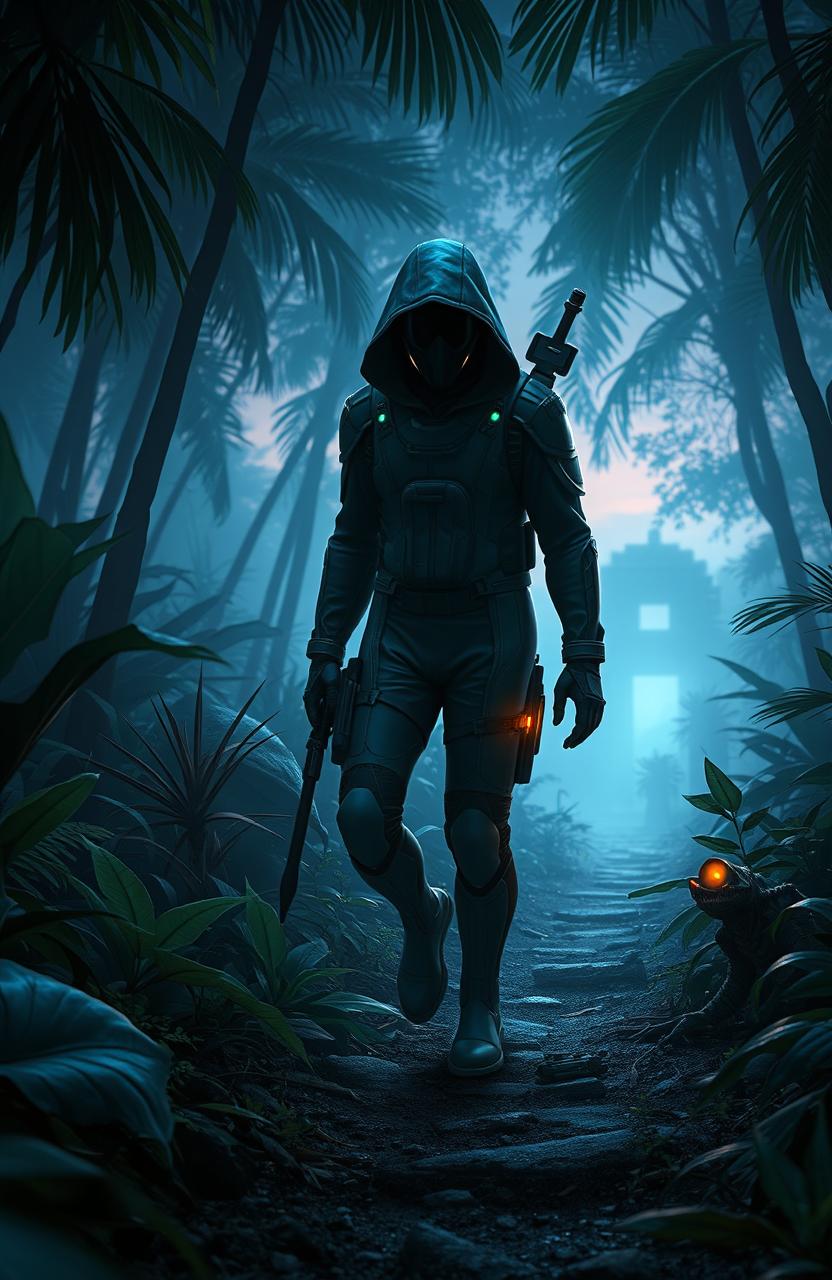 A secret mission that takes place in a mysterious forest filled with exotic plants and creatures, featuring a stealthy figure in a futuristic outfit blending into the surroundings