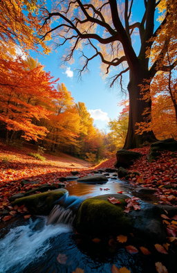 A serene and enchanting forest during autumn, filled with vibrant fall foliage in shades of orange, red, and yellow