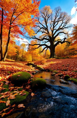 A serene and enchanting forest during autumn, filled with vibrant fall foliage in shades of orange, red, and yellow