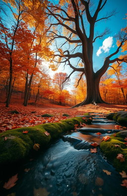 A serene and enchanting forest during autumn, filled with vibrant fall foliage in shades of orange, red, and yellow