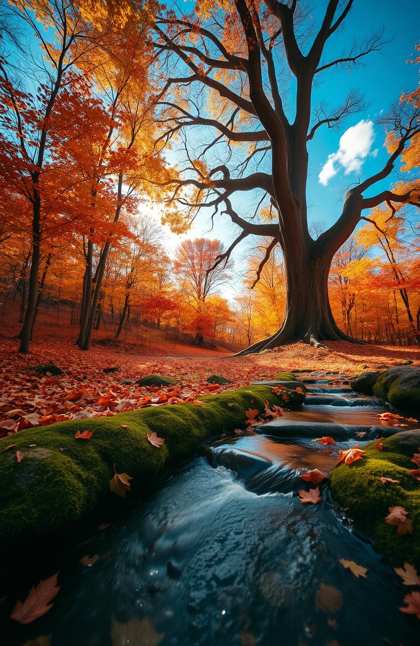 A serene and enchanting forest during autumn, filled with vibrant fall foliage in shades of orange, red, and yellow