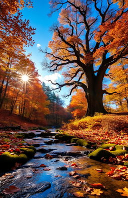 A serene and enchanting forest during autumn, filled with vibrant fall foliage in shades of orange, red, and yellow