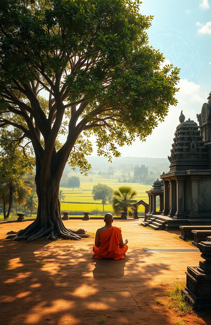 A serene scene depicting a traditional Cambodian landscape infused with philosophical symbols and elements