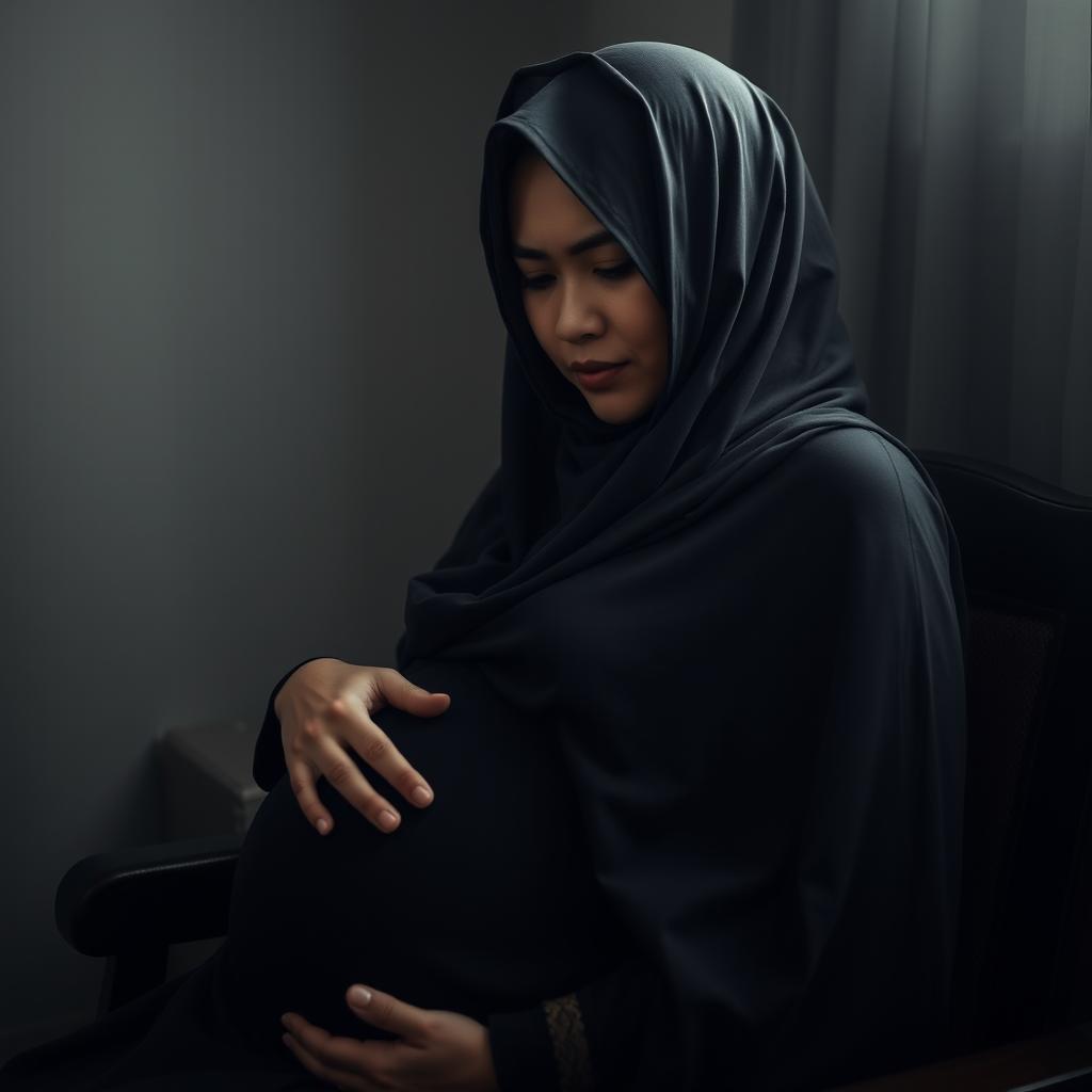 A beautiful Indonesian woman with white skin, wearing a hijab that covers her entire body