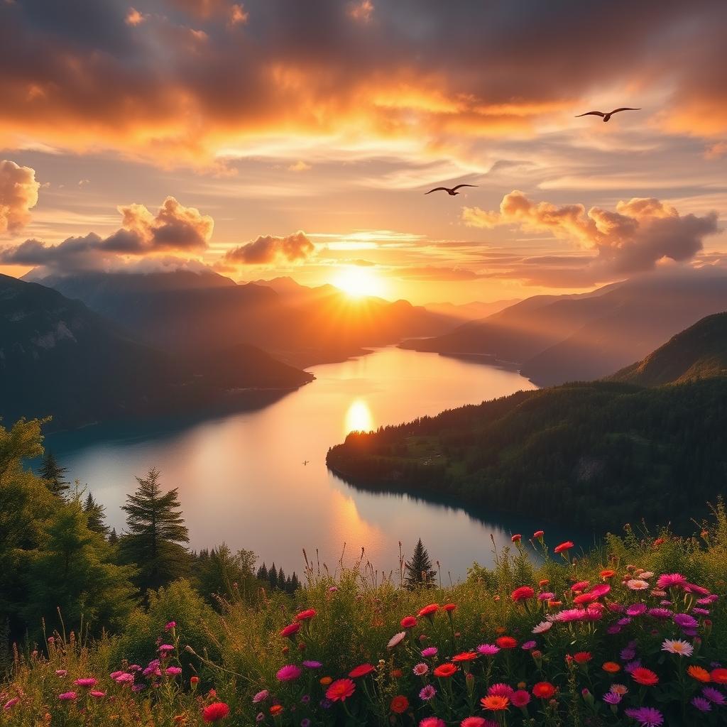 A breathtaking landscape showcasing a vast, serene lake surrounded by majestic mountains, with the sun setting in the background, casting a warm golden light across the scene