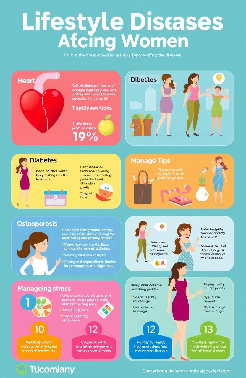 A visually engaging infographic displaying various lifestyle diseases affecting women, including heart disease, diabetes, obesity, and osteoporosis