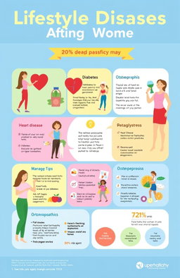 A visually engaging infographic displaying various lifestyle diseases affecting women, including heart disease, diabetes, obesity, and osteoporosis