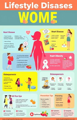 A visually engaging infographic displaying various lifestyle diseases affecting women, including heart disease, diabetes, obesity, and osteoporosis