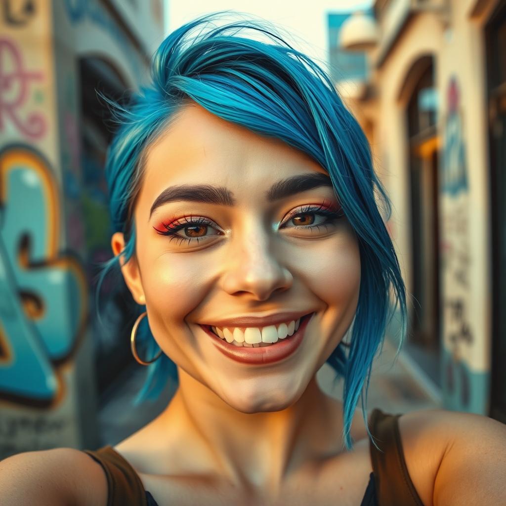 A close-up selfie of a young adult with bright blue hair and a cheerful smile, wearing colorful makeup with glimmering eye shadow