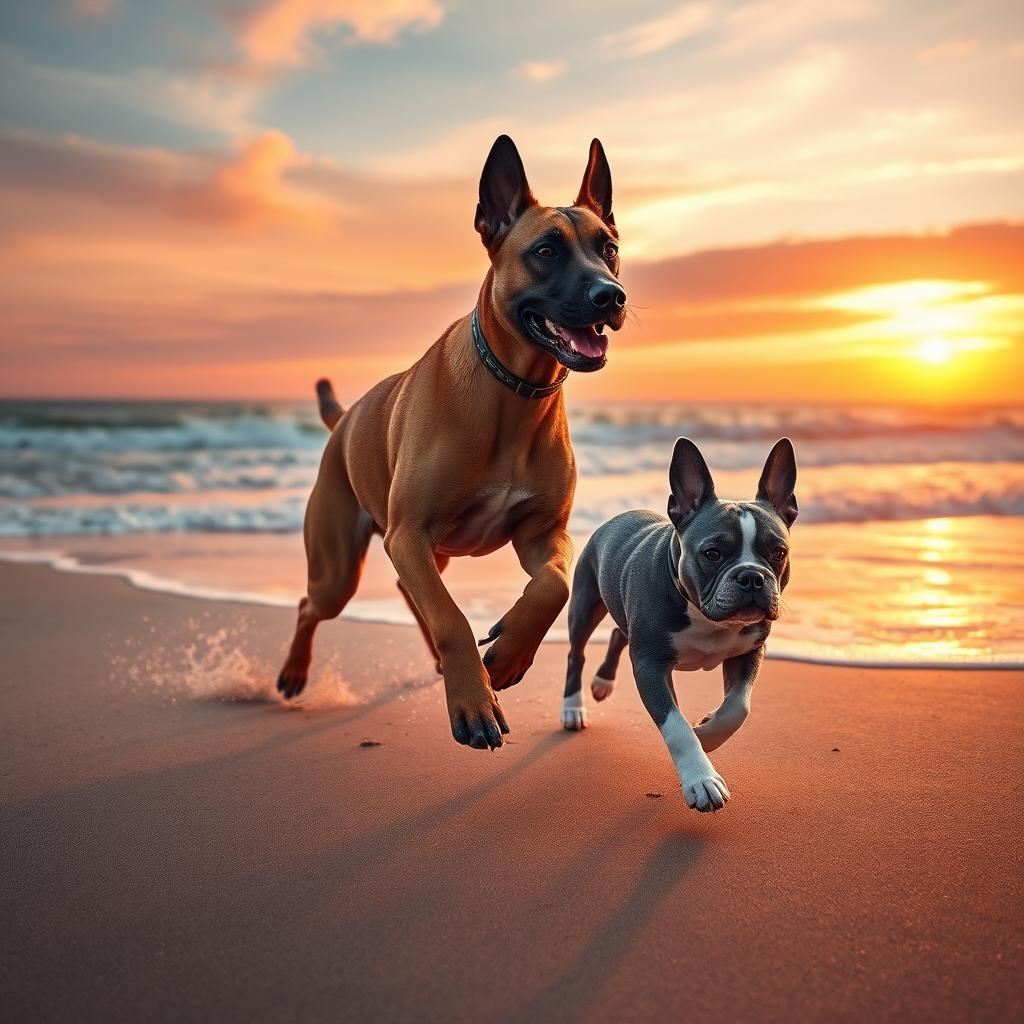 A dynamic scene depicting a brown Belgian Malinois energetically running along the seashore with a stunning sunrise in the background