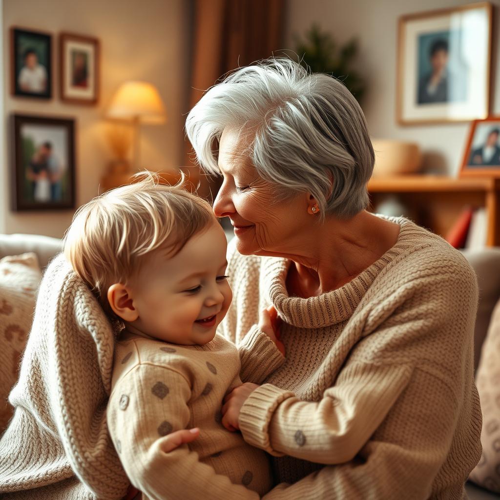 A warm scene capturing a loving grandma gently kissing her grandchild on the forehead, showcasing a tender moment filled with affection