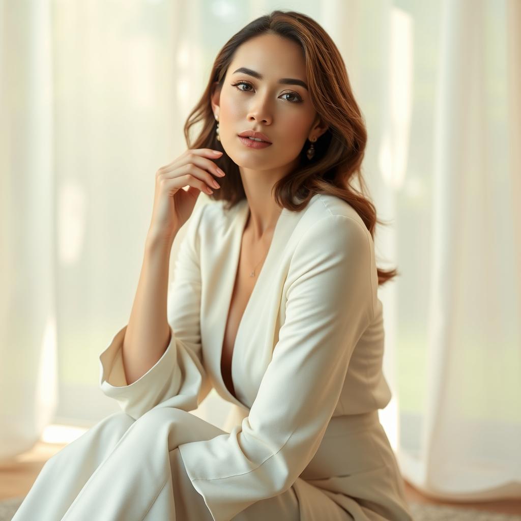 A serene portrait of a woman sitting gracefully, capturing her beauty and poise
