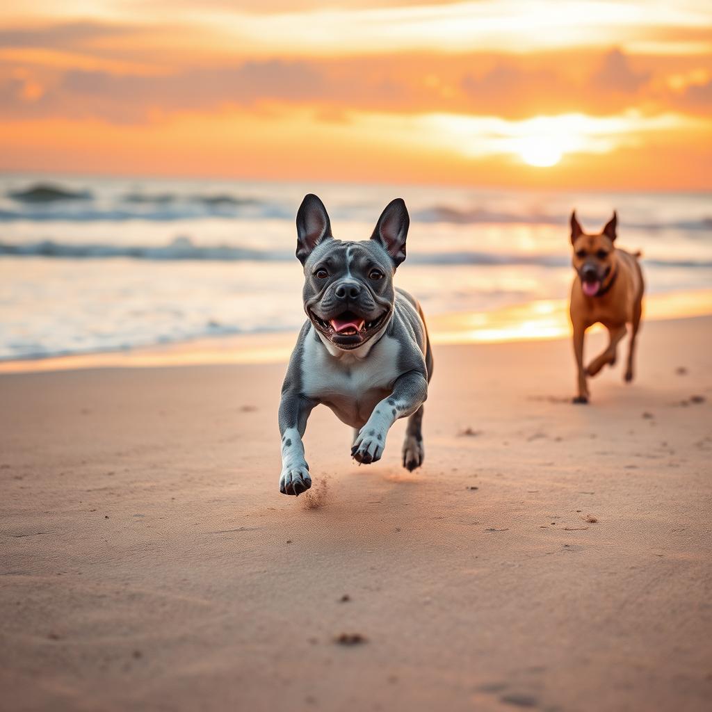 A lively scene featuring a blue merle French Bulldog with a striking gray and white batik pattern energetically chasing a brown Belgian Malinois along the shoreline at sunrise