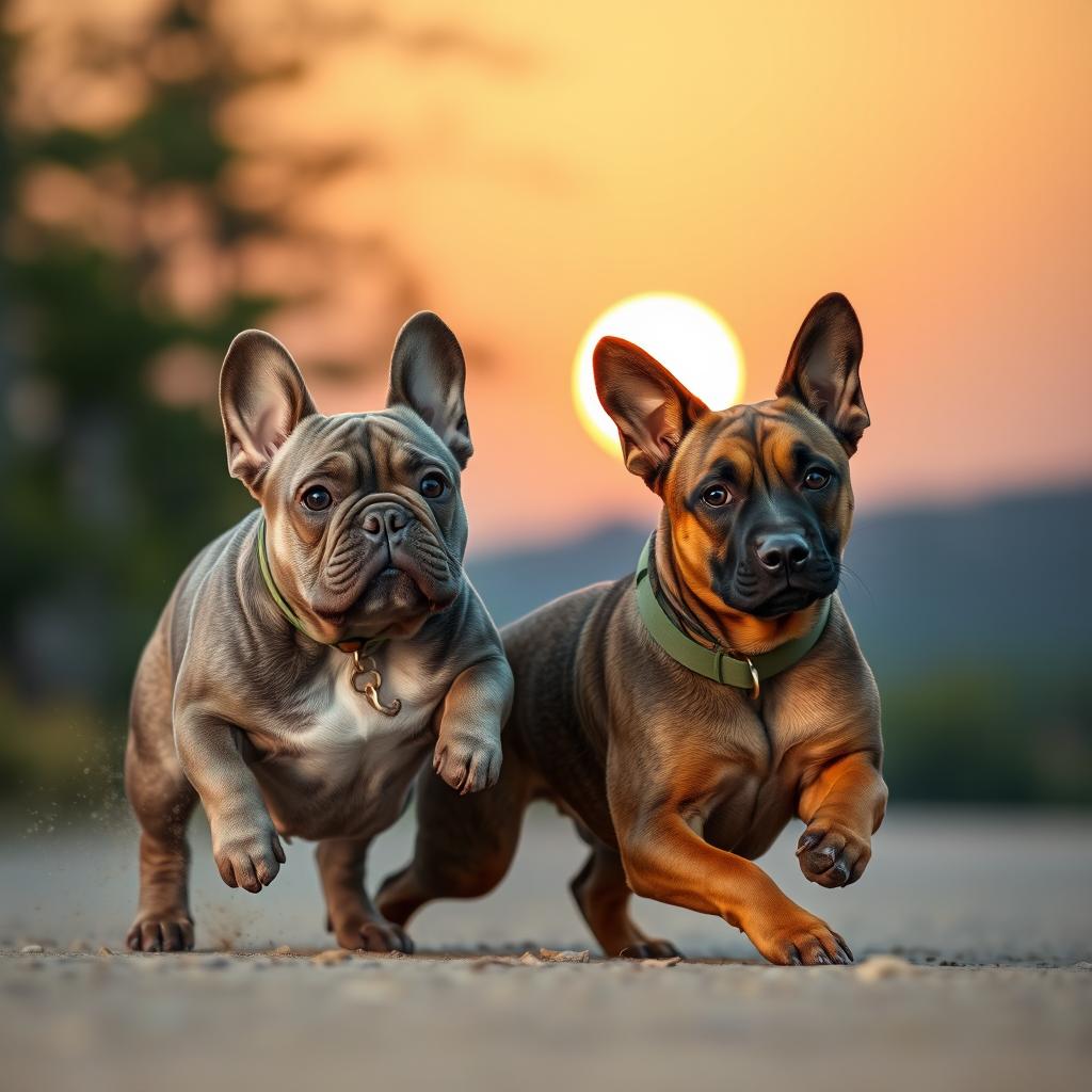 Isang masiglang tanawin na tampok ang asong French Bulldog na bluemerle na may kulay gray at puting batik, masigasig na hinahabol ang asong Belgian Malinois na brown sa tabi ng dagat habang sumisikat ang araw