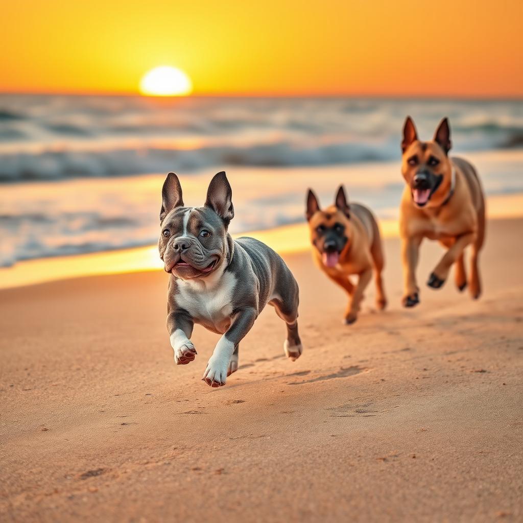 A dynamic scene featuring a blue merle French Bulldog with a striking gray and white coat energetically running behind a brown Belgian Malinois along the seashore at sunrise
