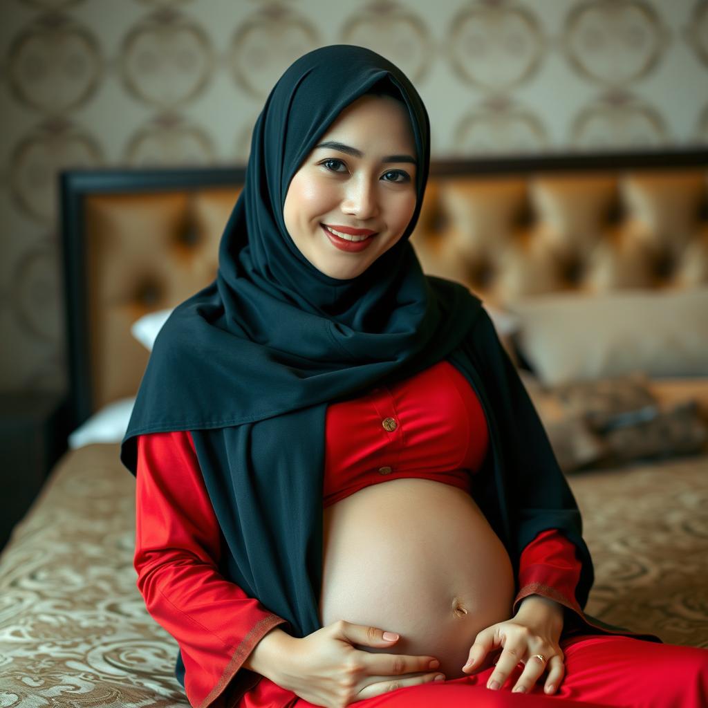 A stunningly beautiful 20-year-old Indonesian woman wearing a full-body hijab that elegantly covers her, with fair skin and thin lips, displaying a captivating smile