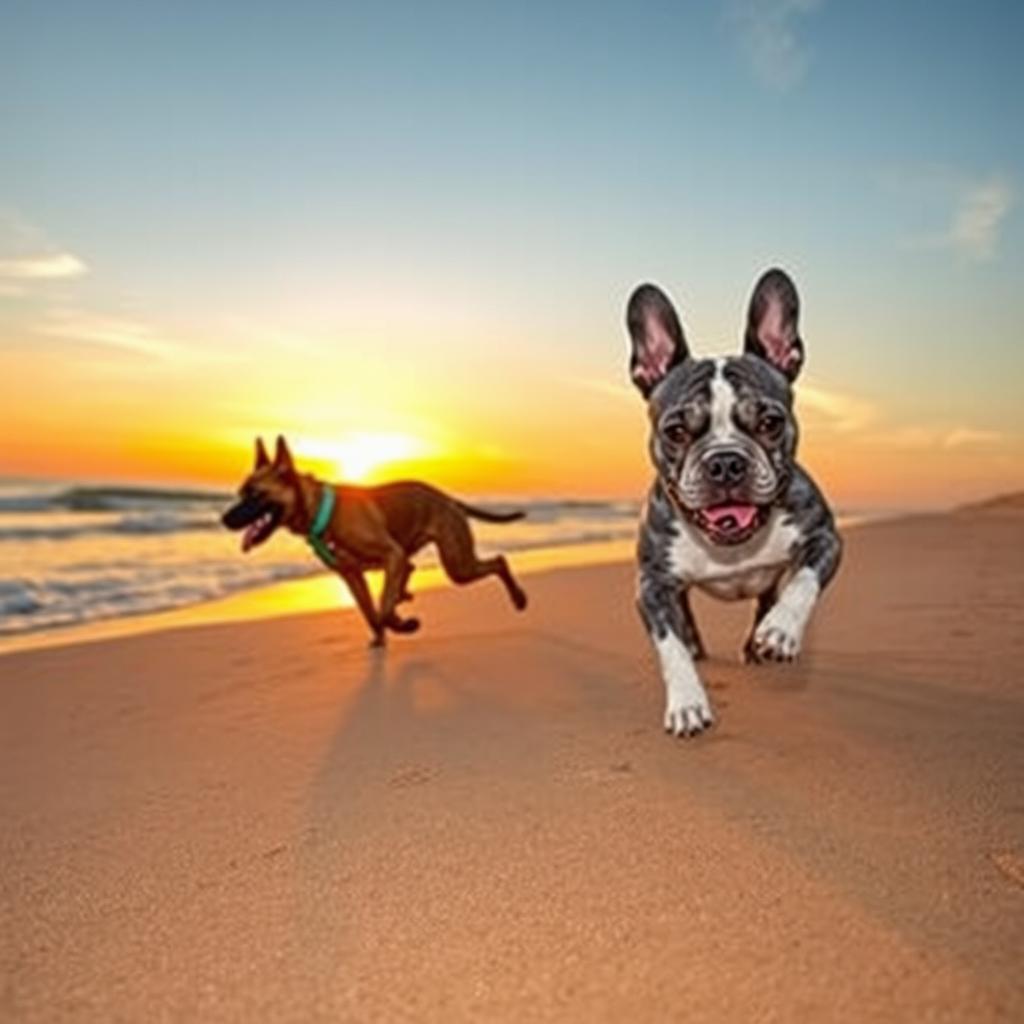 A vibrant scene capturing a brown Belgian Malinois energetically running behind a blue merle French Bulldog with a striking gray and white batik pattern along the seashore at sunrise