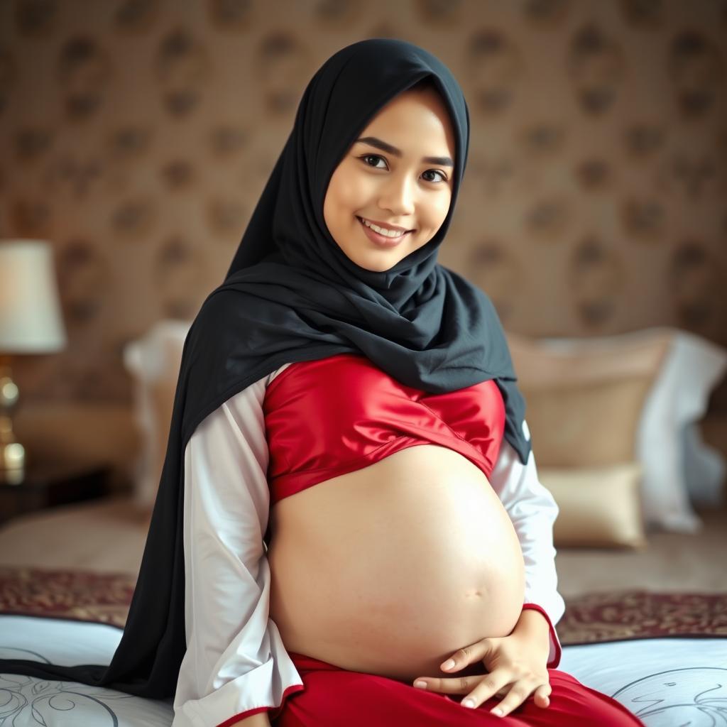 A stunningly beautiful 18-year-old Indonesian woman wearing a full-body hijab that elegantly covers her, with fair skin and thin lips, showcasing a captivating smile